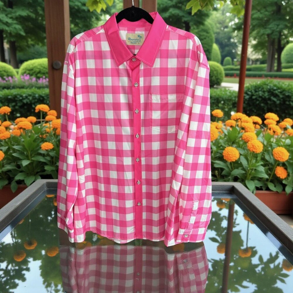 Royaura Men's Shirt Pink Buffalo Check Easy Care Long Sleeve Casual Size XL